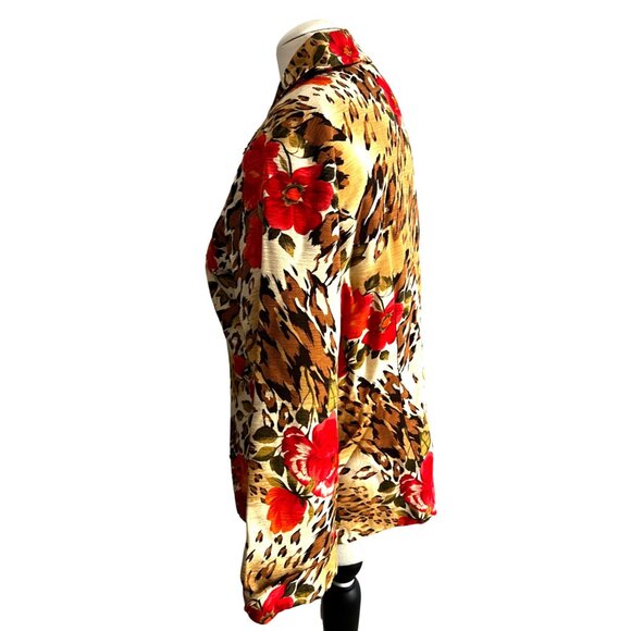 Vintage Silk Land Beaded Floral Button Down Sil Shirt Sz L Cheetah Print & Flora - Picture 9 of 11